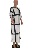White Fashion Casual Print Slit O Neck Short Sleeve Dress Dresses