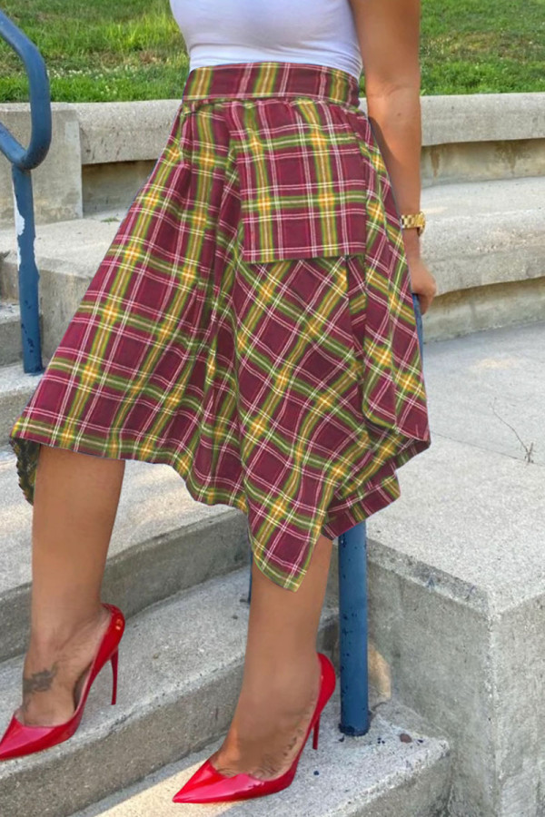 Red Casual Plaid Print Patchwork Asymmetrical Straight High Waist Type A Full Print Bottoms