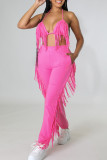 Pink Sexy Solid Tassel Patchwork Halter Sleeveless Two Pieces