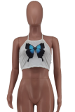 White Sexy Butterfly Print Patchwork Halter Tops