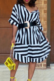 Black White Casual Striped Patchwork Asymmetrical Turndown Collar Straight Dresses