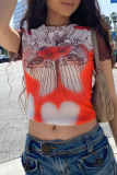Red Sexy Print Patchwork O Neck T-Shirts