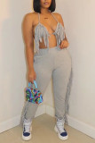 Pink Sexy Solid Tassel Patchwork Halter Sleeveless Two Pieces