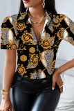 Black Red Fashion Casual Print Patchwork Turndown Collar Tops