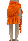 Tangerine Red Sexy Solid Bandage Split Joint Slit Fold Straight Mid Waist Straight Solid Color Bottoms