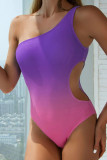 Yellow Casual Gradual Change Print Hollowed Out Patchwork Swimwears