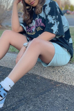 Blue Casual Patchwork Tie-dye O Neck Short Sleeve Two Pieces