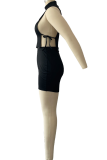 Pink Sexy Print Draw String Turtleneck Sleeveless Two Pieces