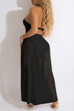Black Fashion Sexy Solid Split Joint Backless Spaghetti Strap Sleeveless Two Pieces