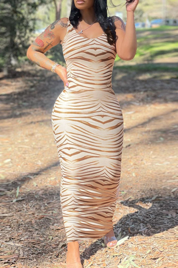 Apricot Sexy Print Patchwork U Neck Pencil Skirt Dresses