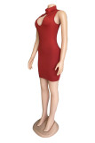 Blue Fashion Sexy Solid Hollowed Out Turtleneck Sleeveless Dress