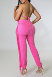 Pink Sexy Solid Tassel Patchwork Halter Sleeveless Two Pieces