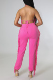 Pink Sexy Solid Tassel Patchwork Halter Sleeveless Two Pieces