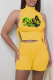 Yellow Sexy Print Draw String Turtleneck Sleeveless Two Pieces