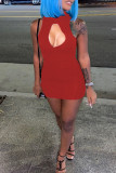 Blue Fashion Sexy Solid Hollowed Out Turtleneck Sleeveless Dress