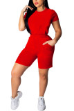 Red Fashion Casual adult Ma'am Patchwork Solid Two Piece Suits pencil Short Sleeve Two Pieces