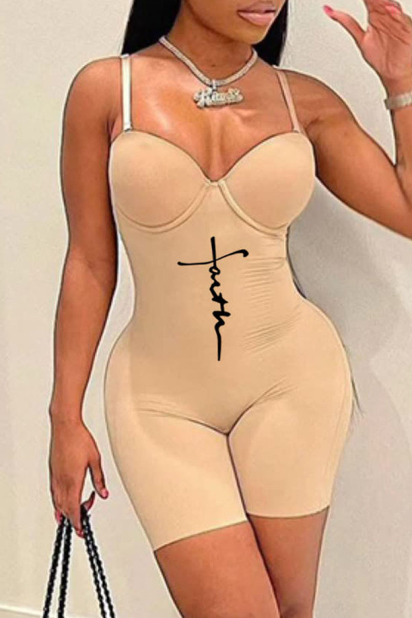 Khaki Sexy Casual Print Backless Spaghetti Strap Skinny Romper