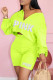 Fluorescent Green Fashion Casual Letter Print Basic V Neck Long Sleeve Two Pieces