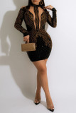 Gold Sexy Solid Patchwork See-through Hot Drill O Neck Pencil Skirt Dresses