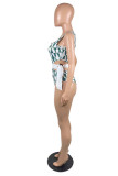 Yellow Fashion Print Bandage Hollowed Out Patchwork Backless Swimwears (Without Paddings)