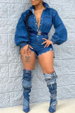 Light Blue Casual Elegant Solid Patchwork Buckle Straight Rompers