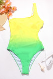Yellow Casual Gradual Change Print Hollowed Out Patchwork Swimwears