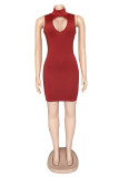 Blue Fashion Sexy Solid Hollowed Out Turtleneck Sleeveless Dress