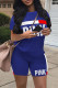 Blue Fashion Casual Letter Print Basic O Neck Short Sleeve Two Pieces