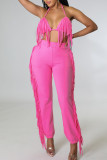 Pink Sexy Solid Tassel Patchwork Halter Sleeveless Two Pieces