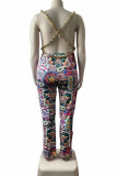 Multicolor Fashion Sexy Print Patchwork Backless Spaghetti Strap Regular Jumpsuits