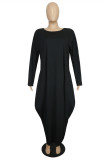 Black Fashion Casual Solid Patchwork Basic O Neck Long Sleeve Plus Size Dresses