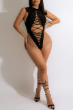 Black Sexy Solid Hollowed Out Patchwork O Neck Sleeveless Two Pieces