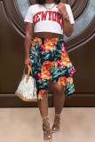 Green Fashion Casual Print Asymmetrical Regular High Waist Skirt