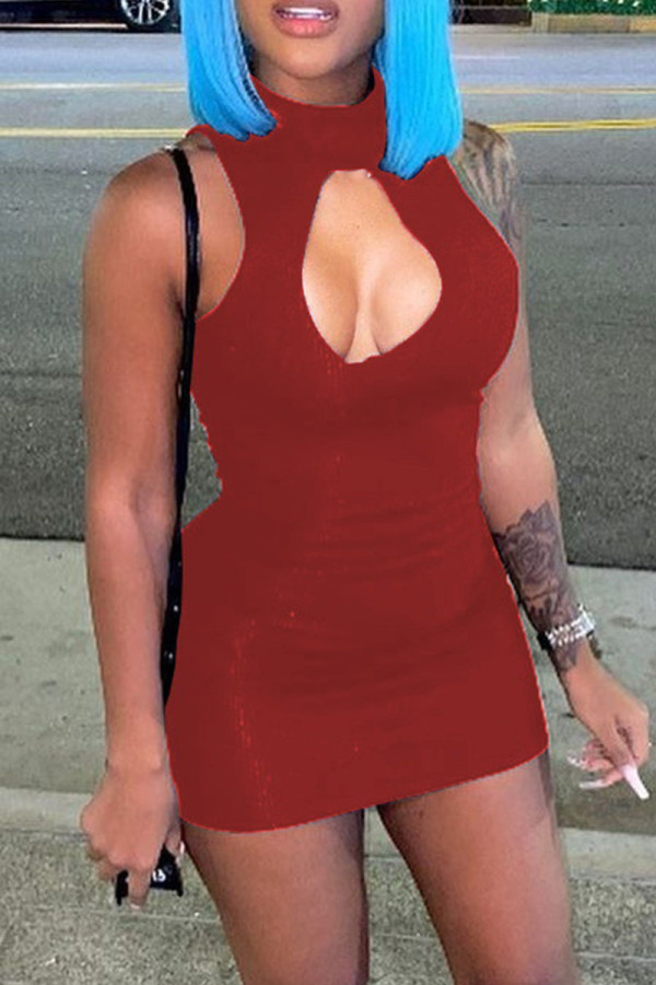 Burgundy Fashion Sexy Solid Hollowed Out Turtleneck Sleeveless Dress
