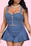 Medium Blue Sexy Casual Solid Patchwork Backless Square Collar Tops