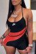 Red Fashion Sportswear Patchwork See-through Spaghetti Strap Rompers