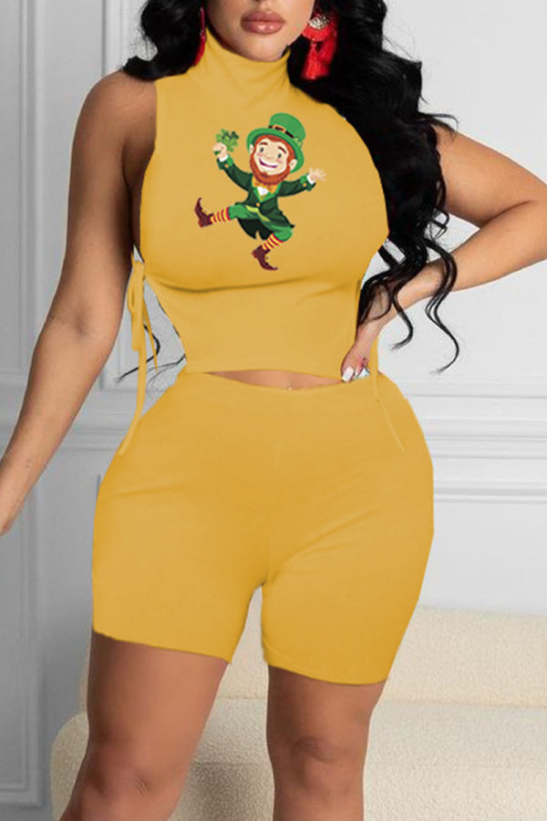 Yellow Fashion Print Patchwork Turtleneck Sleeveless Two Pieces