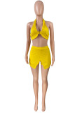 Red Fashion Casual Solid Patchwork Backless Halter Sleeveless Two Pieces