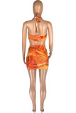 Red Fashion Sexy Print Bandage Hollowed Out Backless Halter Sleeveless Two Pieces