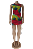 Red Sexy Patchwork Tie-dye O Neck Pencil Skirt Dresses