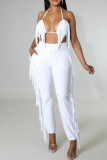 Pink Sexy Solid Tassel Patchwork Halter Sleeveless Two Pieces