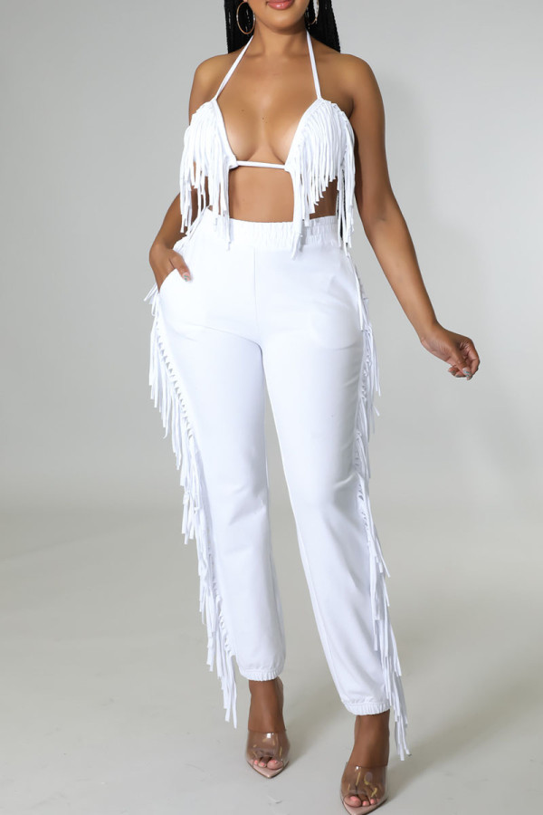 White Sexy Solid Tassel Patchwork Halter Sleeveless Two Pieces