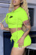 Fluorescent Green Fashion Sportswear Print Patchwork Hooded Collar Short Sleeve Two Pieces