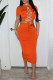 Orange Fashion Sexy Print Hollowed Out O Neck One Step Skirt Dresses