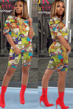 Blue knit Fashion Sexy adult Ma'am Patchwork Print Character Two Piece Suits Straight Short Sleeve Two Pieces