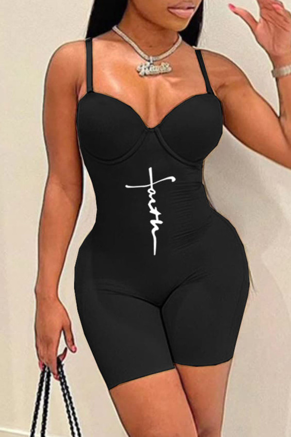 Black Sexy Casual Print Backless Spaghetti Strap Skinny Romper