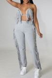 Pink Sexy Solid Tassel Patchwork Halter Sleeveless Two Pieces