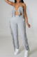Grey Sexy Solid Tassel Patchwork Halter Sleeveless Two Pieces