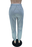 Grey Fashion Casual Print Basic Regular High Waist Trousers