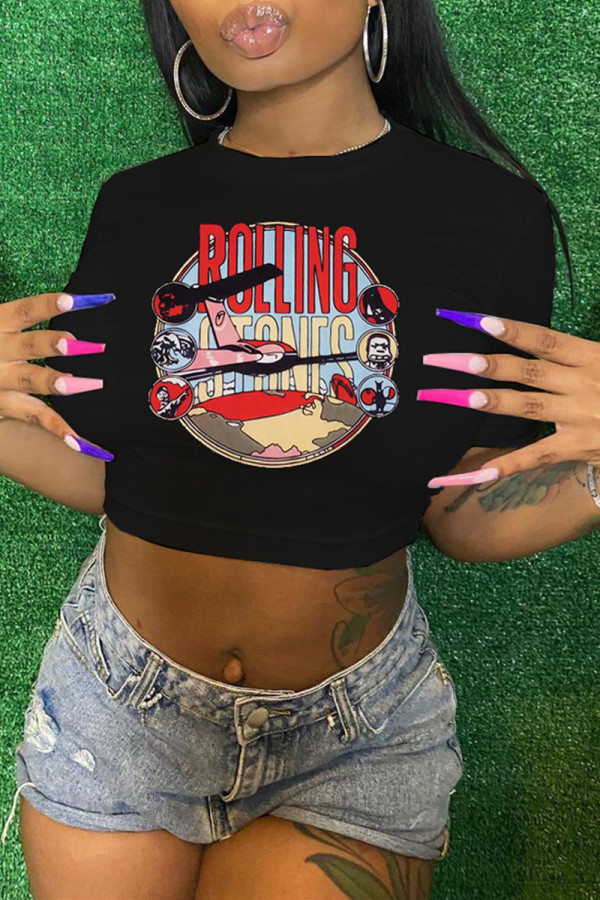 Black Fashion Casual Print Basic O Neck T-Shirts